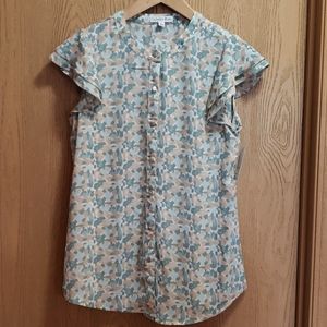 Ophelia Rose green tan print flutter sleeve blouse Size Small NEW